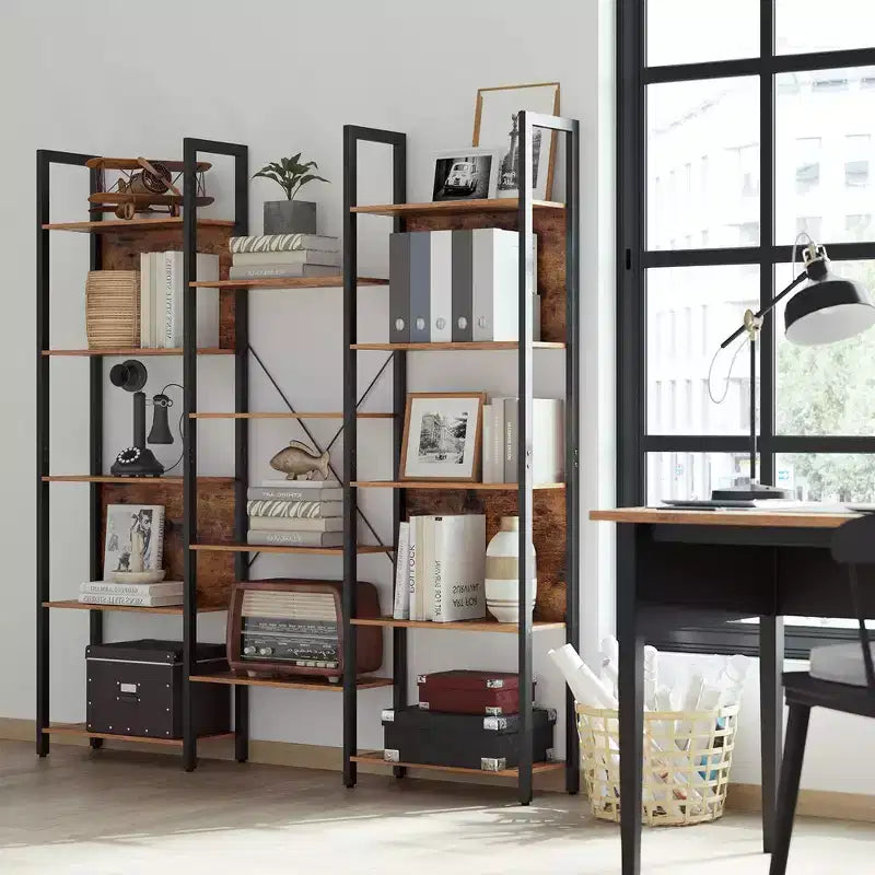 VASAGLE Étagère à Livres à 5 Niveaux avec 14 Compartiments, Bibliothèque avec Cadre Métallique, Meuble de Rangement pour Salon, Bureau, Style Industriel, Marron Rustique et Noir