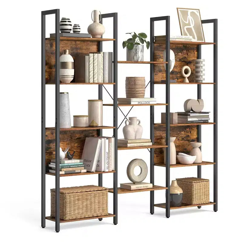 VASAGLE Étagère à Livres à 5 Niveaux avec 14 Compartiments, Bibliothèque avec Cadre Métallique, Meuble de Rangement pour Salon, Bureau, Style Industriel, Marron Rustique et Noir