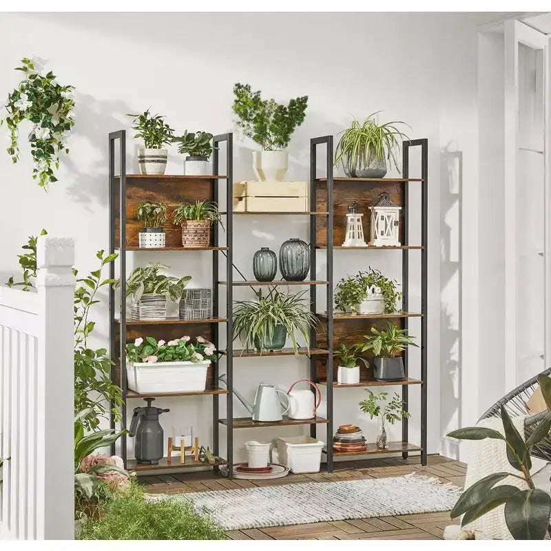 VASAGLE Étagère à Livres à 5 Niveaux avec 14 Compartiments, Bibliothèque avec Cadre Métallique, Meuble de Rangement pour Salon, Bureau, Style Industriel, Marron Rustique et Noir