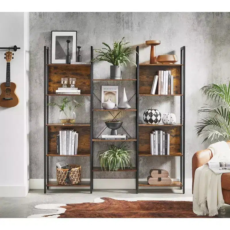 VASAGLE Étagère à Livres à 5 Niveaux avec 14 Compartiments, Bibliothèque avec Cadre Métallique, Meuble de Rangement pour Salon, Bureau, Style Industriel, Marron Rustique et Noir
