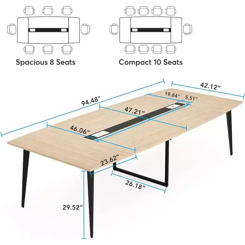 Table de conférence Lantine 8FT, table de réunion en forme de bateau avec œillet rectangulaire, table de salle de conférence moderne pour bureau