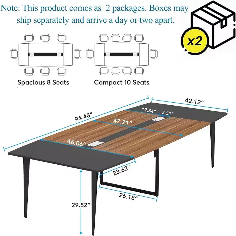 Table de conférence Lantine 8FT, table de réunion en forme de bateau avec œillet rectangulaire, table de salle de conférence moderne pour bureau