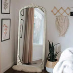 Dovelina Miroir sur pied en bois et métal, grand miroir mural 65x22 - Blanc vieilli