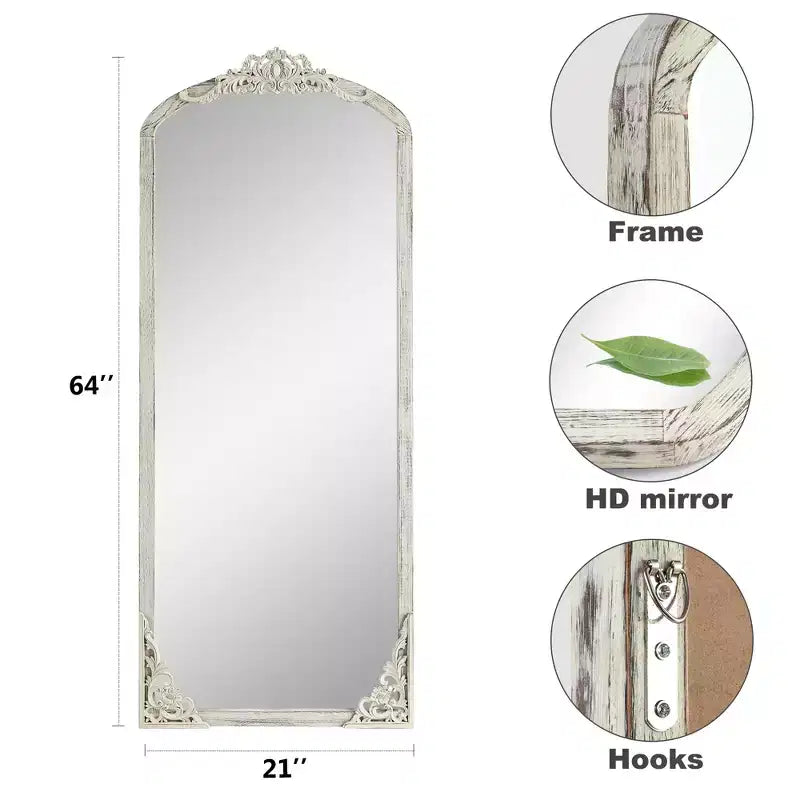 Dovelina Miroir sur pied en bois et métal, grand miroir mural 65x22 - Blanc vieilli