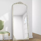 Dovelina Miroir sur pied en bois et métal, grand miroir mural 65x22 - Blanc vieilli