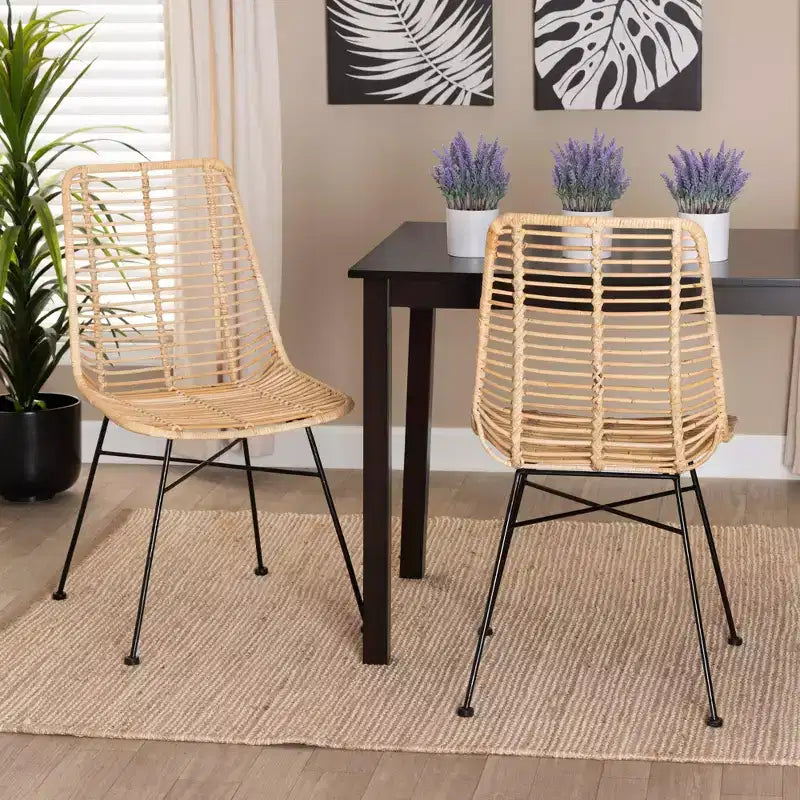 bali & pari Manhattan Modern Bohemian Natural Brown Rattan and Black Metal 2-Piece Dining Chair Set