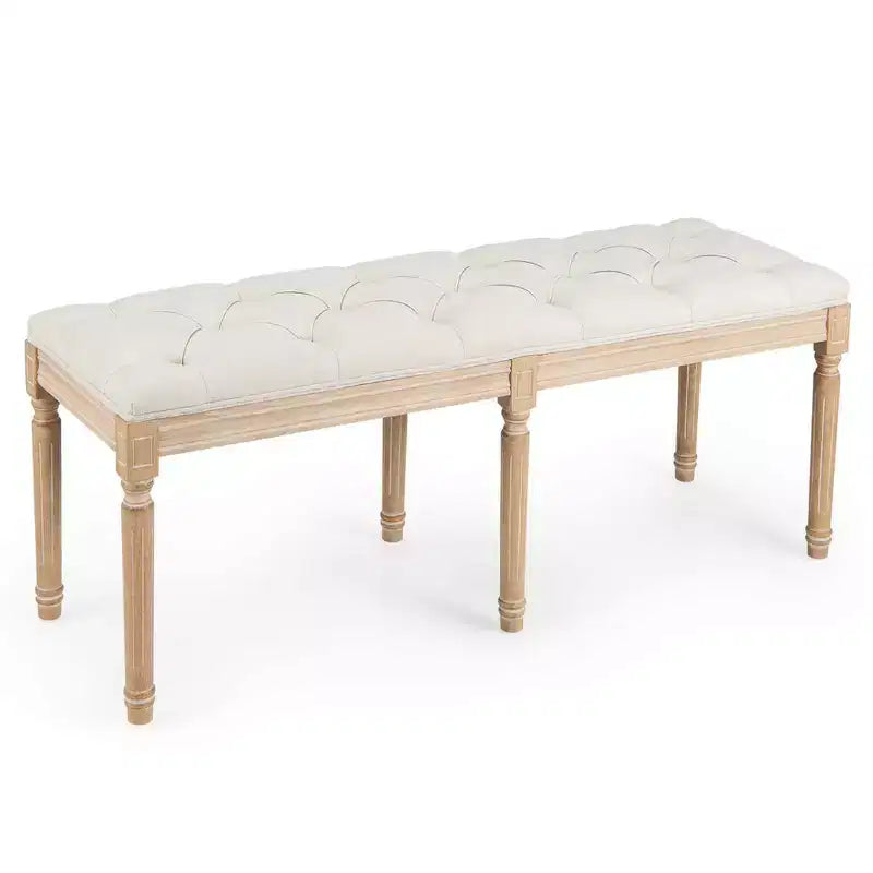 Costway 47 French Vintage Entryway Bench Upholstered Dining Bench with Rubber Wood Legs Beige/Grey
