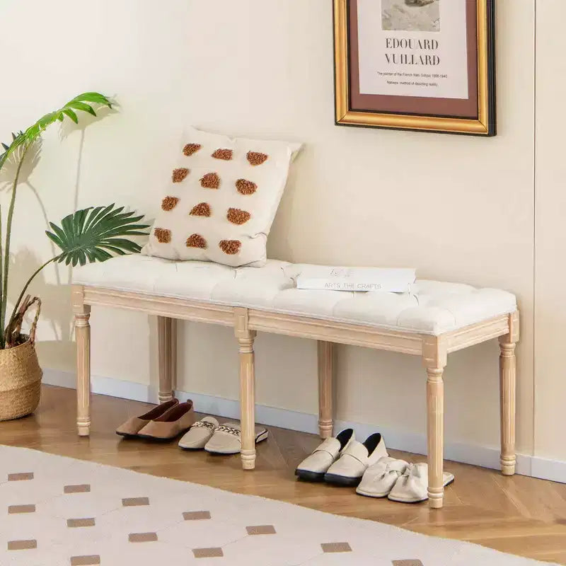 Banc d'entrée vintage français Costway 47, banc de salle à manger rembourré avec pieds en bois d'hévéa, beige/gris