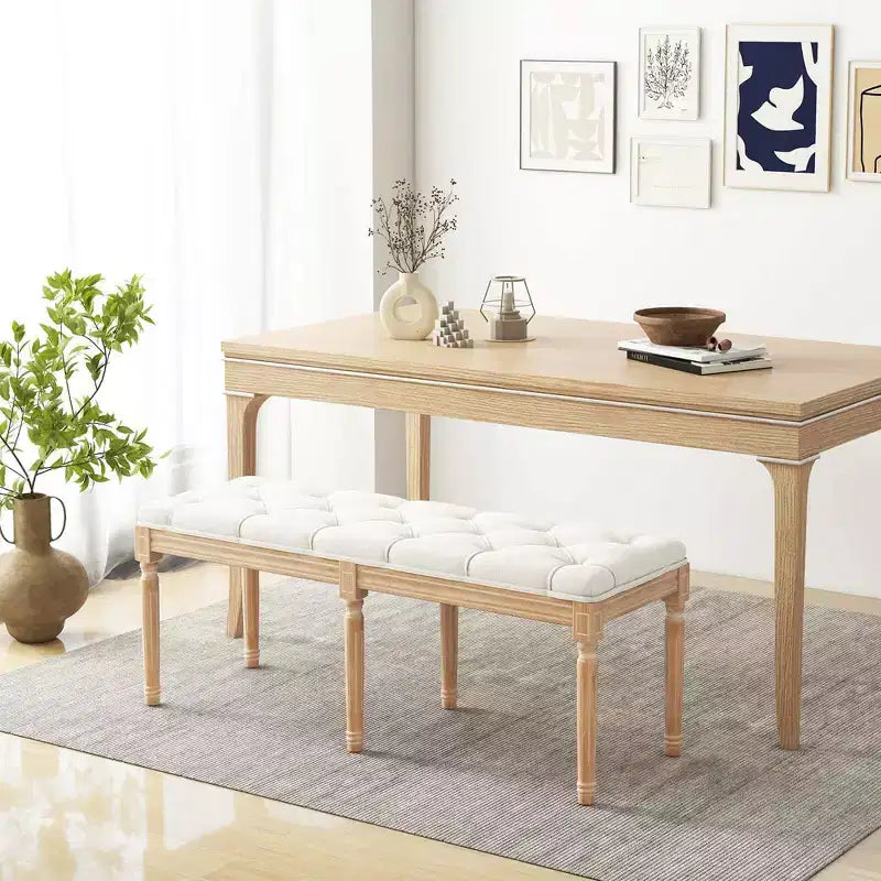 Banc d'entrée vintage français Costway 47, banc de salle à manger rembourré avec pieds en bois d'hévéa, beige/gris