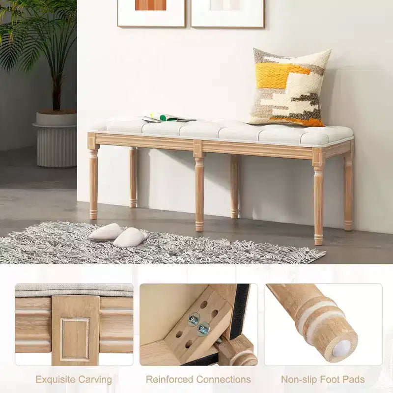 Banc d'entrée vintage français Costway 47, banc de salle à manger rembourré avec pieds en bois d'hévéa, beige/gris