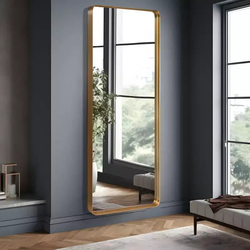 Miroir rectangulaire pleine longueur Dovelina à cadre métallique, miroir à poser, grand miroir