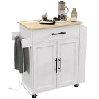 HOMCOM Îlot de cuisine avec prise de courant, Chariot de cuisine roulant avec tiroir de rangement, Support de micro-ondes portable avec portes, Porte-serviettes, Étagère à épices