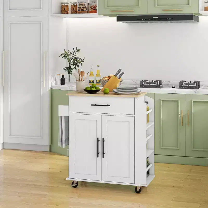 HOMCOM Îlot de cuisine avec prise de courant, Chariot de cuisine roulant avec tiroir de rangement, Support de micro-ondes portable avec portes, Porte-serviettes, Étagère à épices