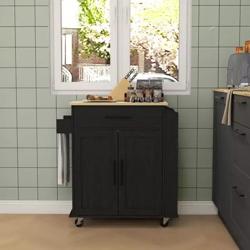 HOMCOM Îlot de cuisine avec prise de courant, Chariot de cuisine roulant avec tiroir de rangement, Support de micro-ondes portable avec portes, Porte-serviettes, Étagère à épices