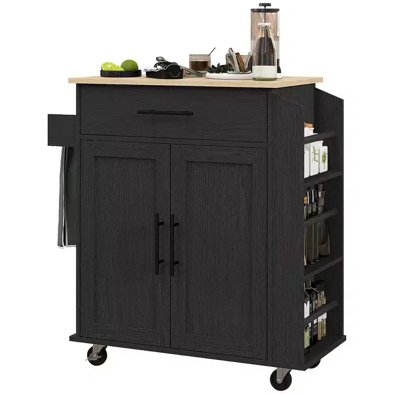 HOMCOM Îlot de cuisine avec prise de courant, Chariot de cuisine roulant avec tiroir de rangement, Support de micro-ondes portable avec portes, Porte-serviettes, Étagère à épices