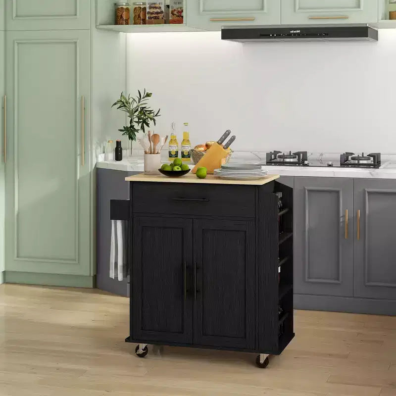 HOMCOM Îlot de cuisine avec prise de courant, Chariot de cuisine roulant avec tiroir de rangement, Support de micro-ondes portable avec portes, Porte-serviettes, Étagère à épices