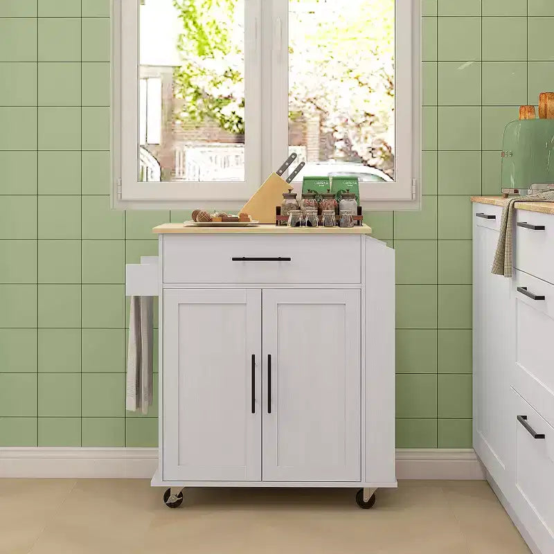 HOMCOM Îlot de cuisine avec prise de courant, Chariot de cuisine roulant avec tiroir de rangement, Support de micro-ondes portable avec portes, Porte-serviettes, Étagère à épices