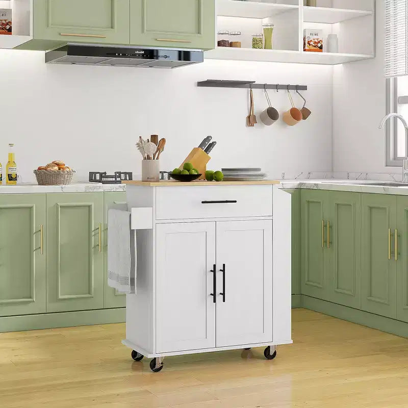 HOMCOM Îlot de cuisine avec prise de courant, Chariot de cuisine roulant avec tiroir de rangement, Support de micro-ondes portable avec portes, Porte-serviettes, Étagère à épices