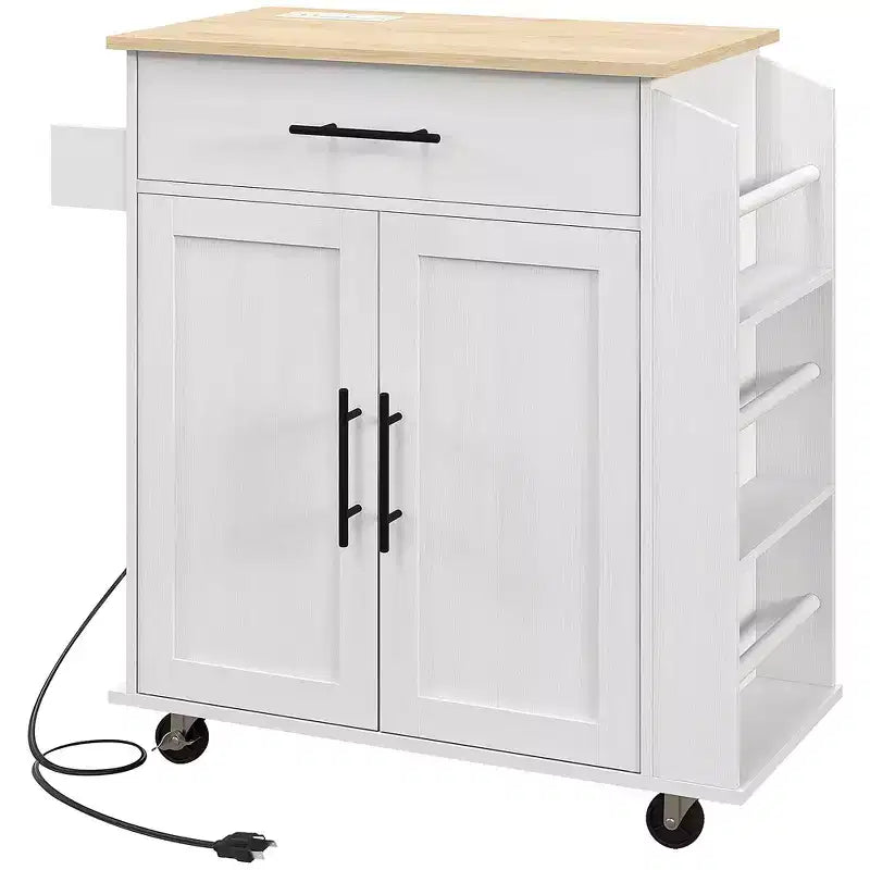 HOMCOM Îlot de cuisine avec prise de courant, Chariot de cuisine roulant avec tiroir de rangement, Support de micro-ondes portable avec portes, Porte-serviettes, Étagère à épices