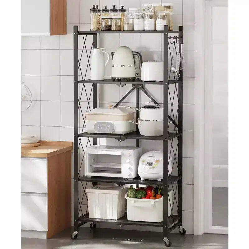 Foldable Storage Shelf 5-Tier with Wheels 750 lbs Capacity No Assembly Steel Rack Black