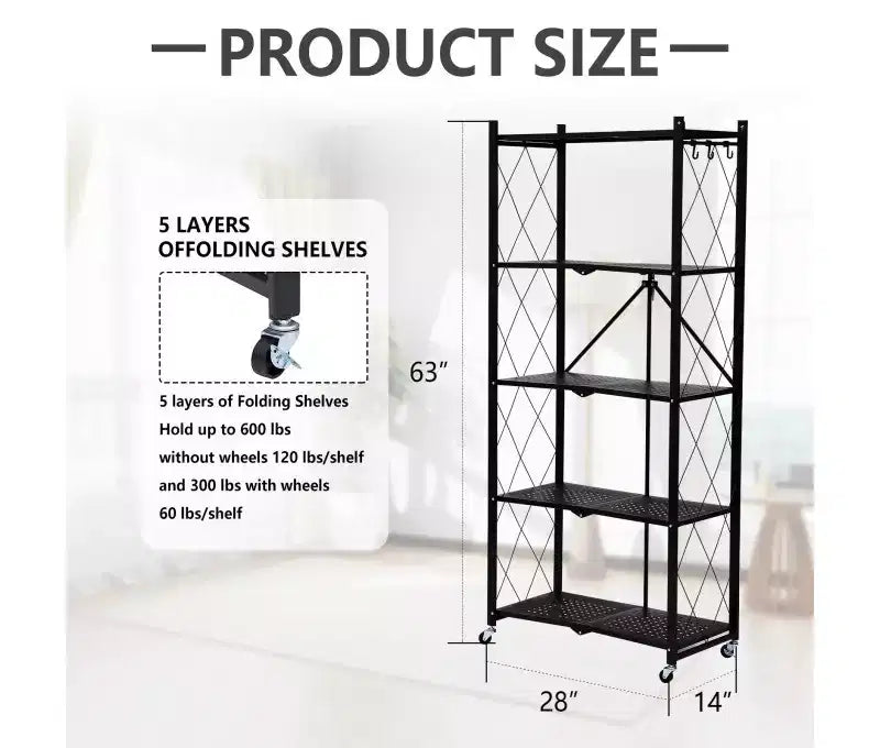 Étagère de rangement pliable à 5 niveaux avec roulettes Capacité de 340 kg Pas de montage Rehausseur en acier Noir