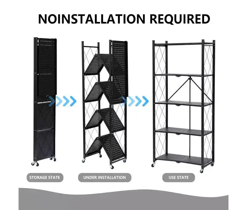 Étagère de rangement pliable à 5 niveaux avec roulettes Capacité de 340 kg Pas de montage Rehausseur en acier Noir