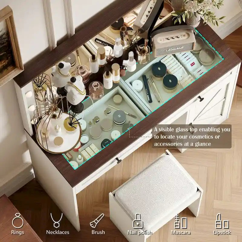 Coiffeuse de ferme Roomfitters avec lumières, coiffeuse avec porte coulissante, table de maquillage à 2 tiroirs avec miroir éclairé