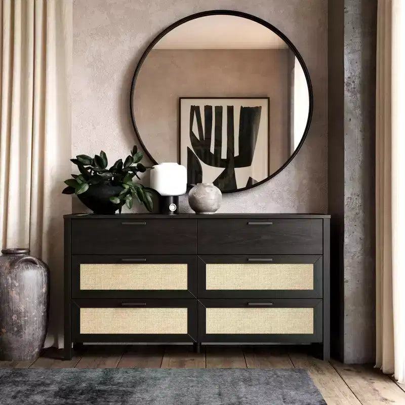 Commode à 6 tiroirs Ameriwood Home Wimberly, chêne noir avec rotin synthétique