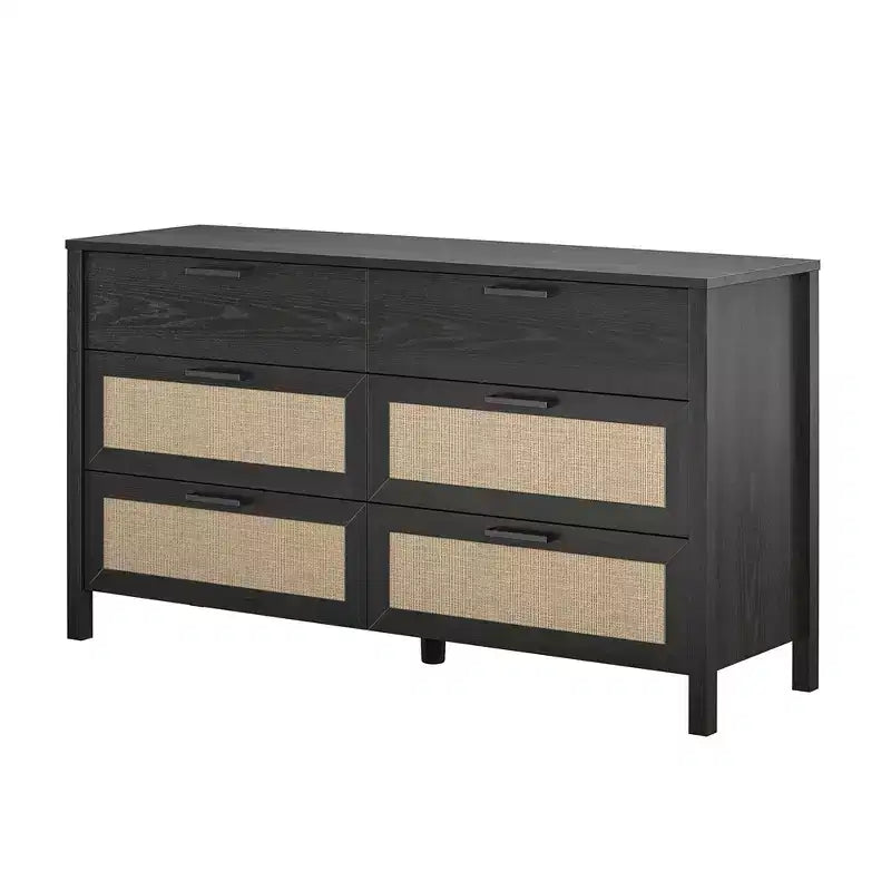Commode à 6 tiroirs Ameriwood Home Wimberly, chêne noir avec rotin synthétique