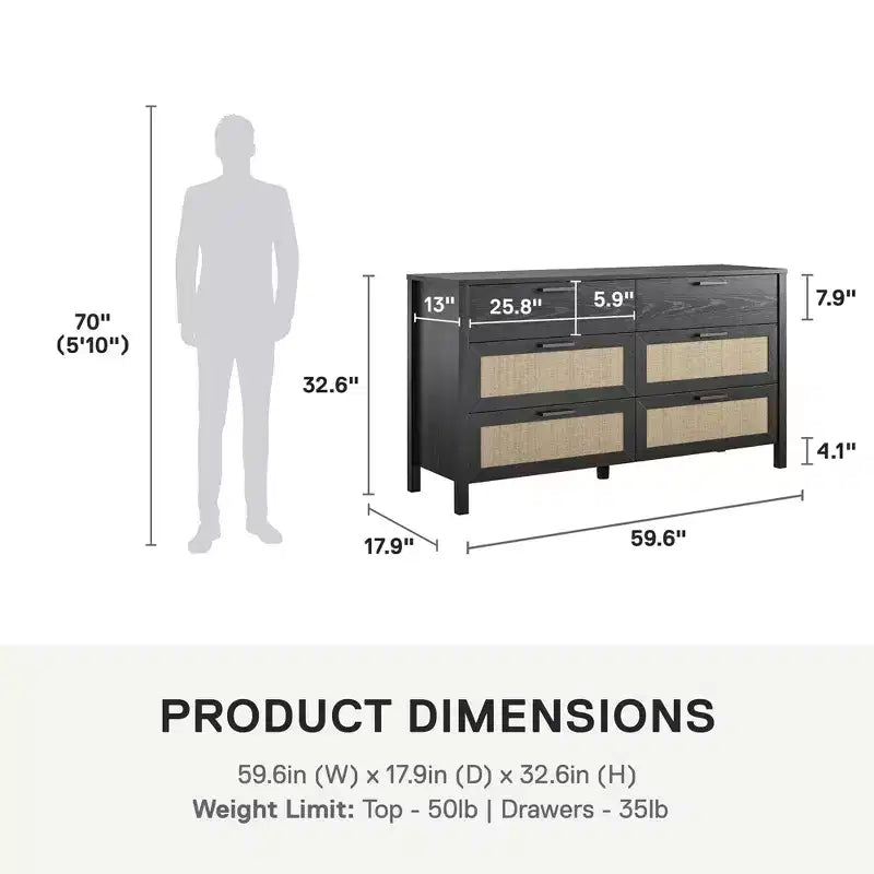 Commode à 6 tiroirs Ameriwood Home Wimberly, chêne noir avec rotin synthétique