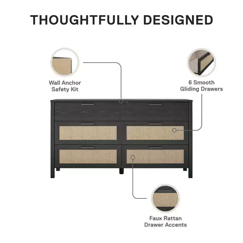 Commode à 6 tiroirs Ameriwood Home Wimberly, chêne noir avec rotin synthétique
