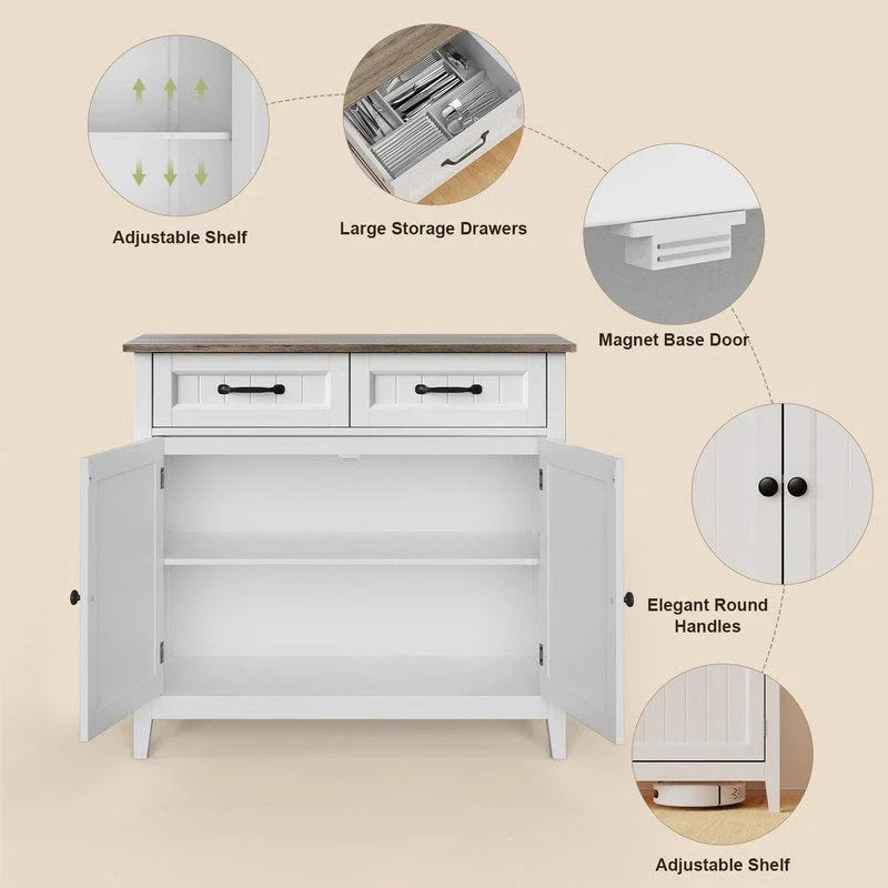 Buffet de cuisine avec 2 tiroirs, meuble de rangement, console de café, meuble d'entrée en bois avec placard à double porte