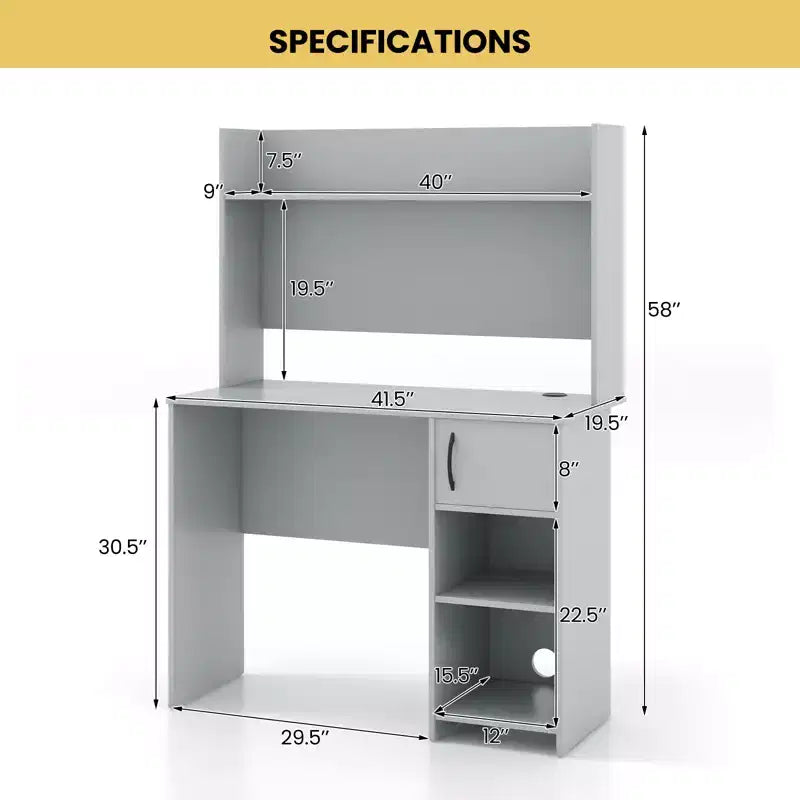 Bureau d'ordinateur Costway avec étagère, étagère réglable, bureau moderne avec support pour unité centrale et armoire à porte, 2 trous de gestion des câbles