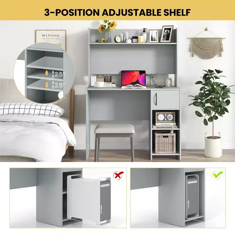 Bureau d'ordinateur Costway avec étagère, étagère réglable, bureau moderne avec support pour unité centrale et armoire à porte, 2 trous de gestion des câbles