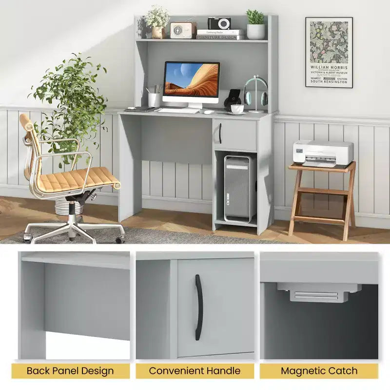 Bureau d'ordinateur Costway avec étagère, étagère réglable, bureau moderne avec support pour unité centrale et armoire à porte, 2 trous de gestion des câbles