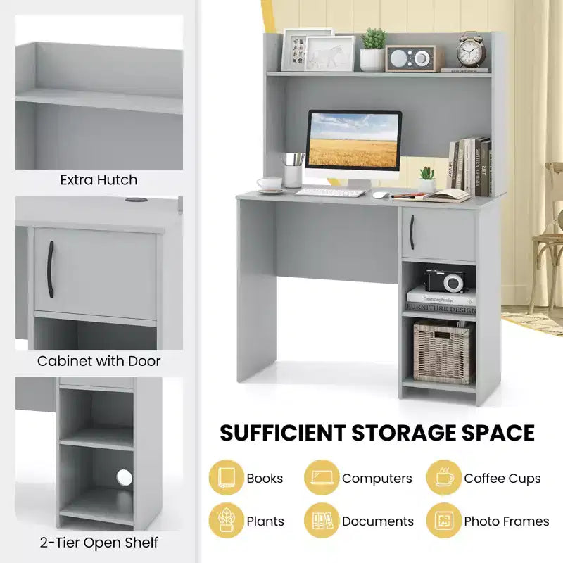 Bureau d'ordinateur Costway avec étagère, étagère réglable, bureau moderne avec support pour unité centrale et armoire à porte, 2 trous de gestion des câbles