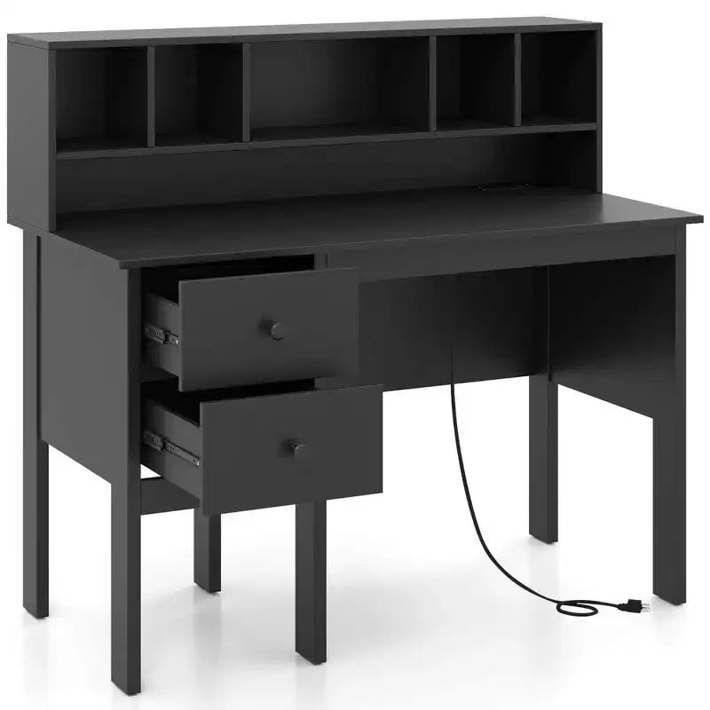 Bureau informatique Costway 48 avec prises de courant, port Type-C, étagère à 5 casiers et 2 tiroirs de rangement Noir/Blanc