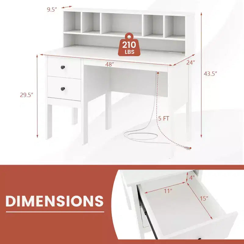 Bureau informatique Costway 48 avec prises de courant, port Type-C, étagère à 5 casiers et 2 tiroirs de rangement Noir/Blanc