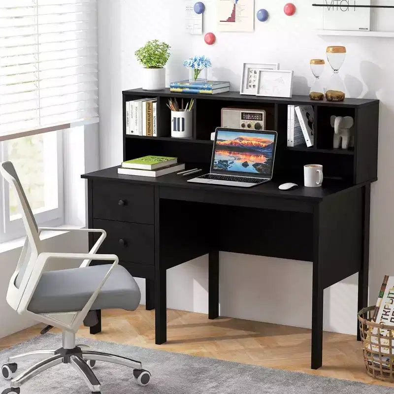 Bureau informatique Costway 48 avec prises de courant, port Type-C, étagère à 5 casiers et 2 tiroirs de rangement Noir/Blanc