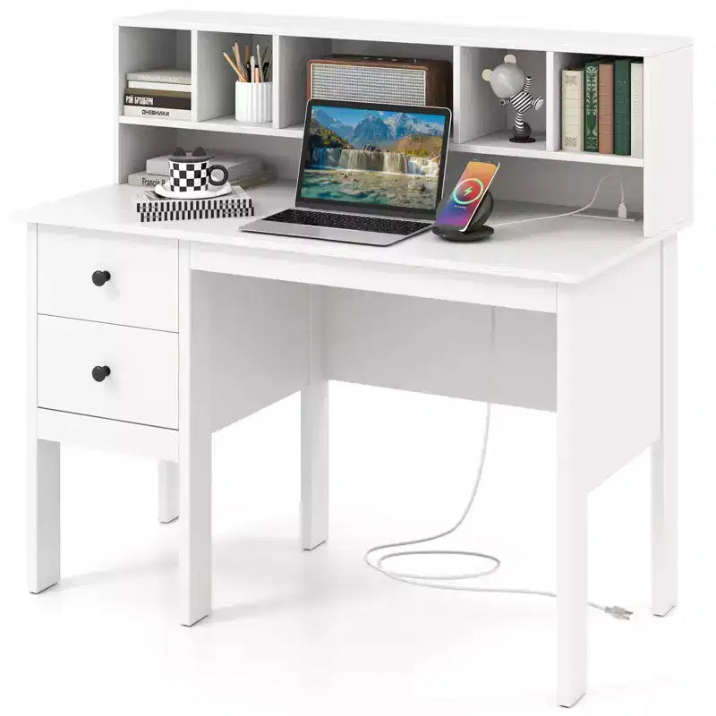 Bureau informatique Costway 48 avec prises de courant, port Type-C, étagère à 5 casiers et 2 tiroirs de rangement Noir/Blanc