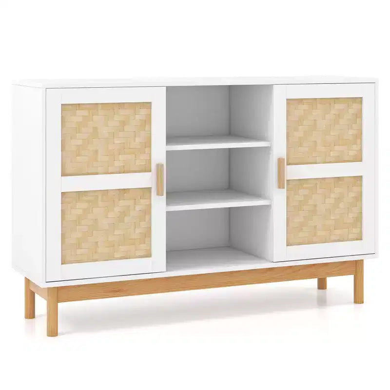 Meuble console Costway 48 avec 2 portes en bambou tressé et 3 étagères ouvertes pour cuisine, Blanc
