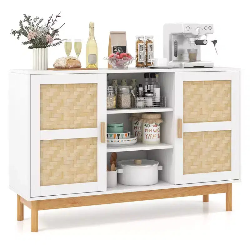 Costway 48 Sideboard Buffet Cabinet with 2 Bamboo Woven Doors 3 Open Shelves for Kitchen White