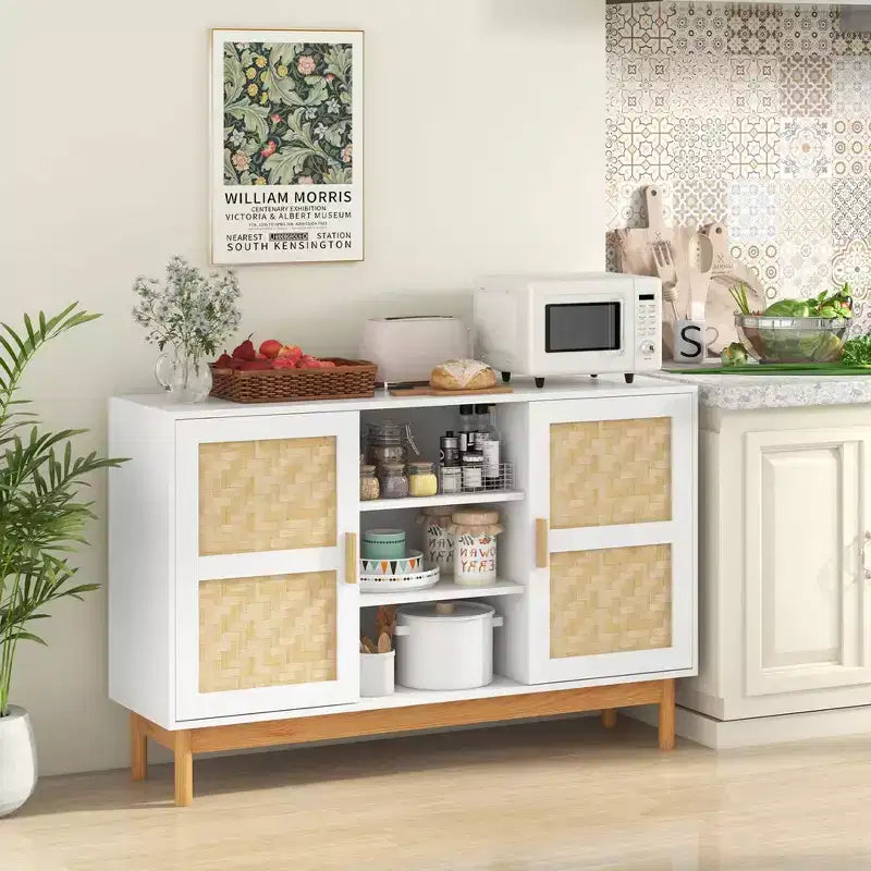 Meuble console Costway 48 avec 2 portes en bambou tressé et 3 étagères ouvertes pour cuisine, Blanc