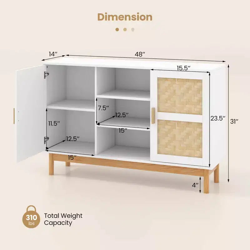 Meuble console Costway 48 avec 2 portes en bambou tressé et 3 étagères ouvertes pour cuisine, Blanc