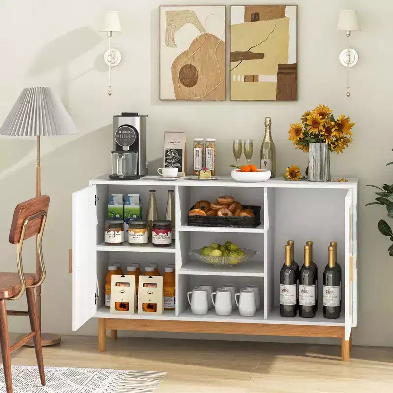 Meuble console Costway 48 avec 2 portes en bambou tressé et 3 étagères ouvertes pour cuisine, Blanc