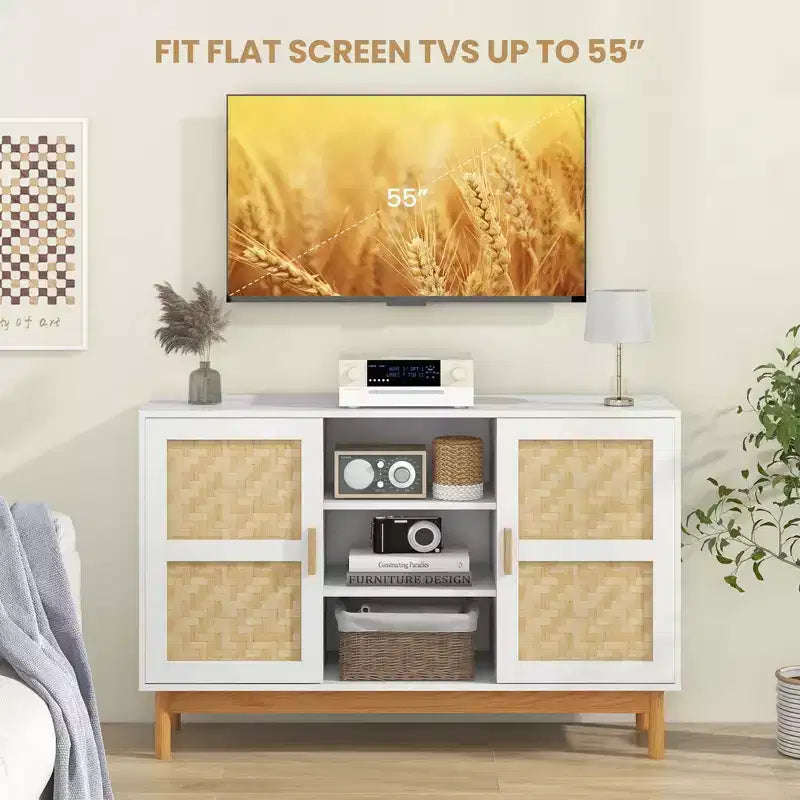 Meuble console Costway 48 avec 2 portes en bambou tressé et 3 étagères ouvertes pour cuisine, Blanc