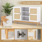 Meuble console Costway 48 avec 2 portes en bambou tressé et 3 étagères ouvertes pour cuisine, Blanc