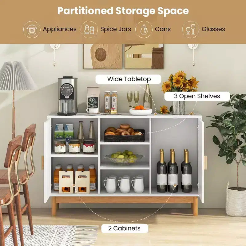 Meuble console Costway 48 avec 2 portes en bambou tressé et 3 étagères ouvertes pour cuisine, Blanc