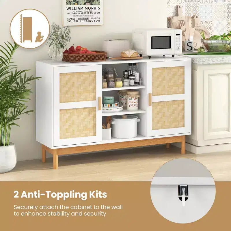 Meuble console Costway 48 avec 2 portes en bambou tressé et 3 étagères ouvertes pour cuisine, Blanc