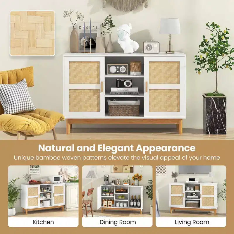 Meuble console Costway 48 avec 2 portes en bambou tressé et 3 étagères ouvertes pour cuisine, Blanc